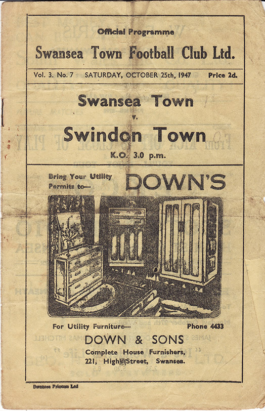<b>Saturday, October 25, 1947</b><br />vs. Swansea Town (Away)